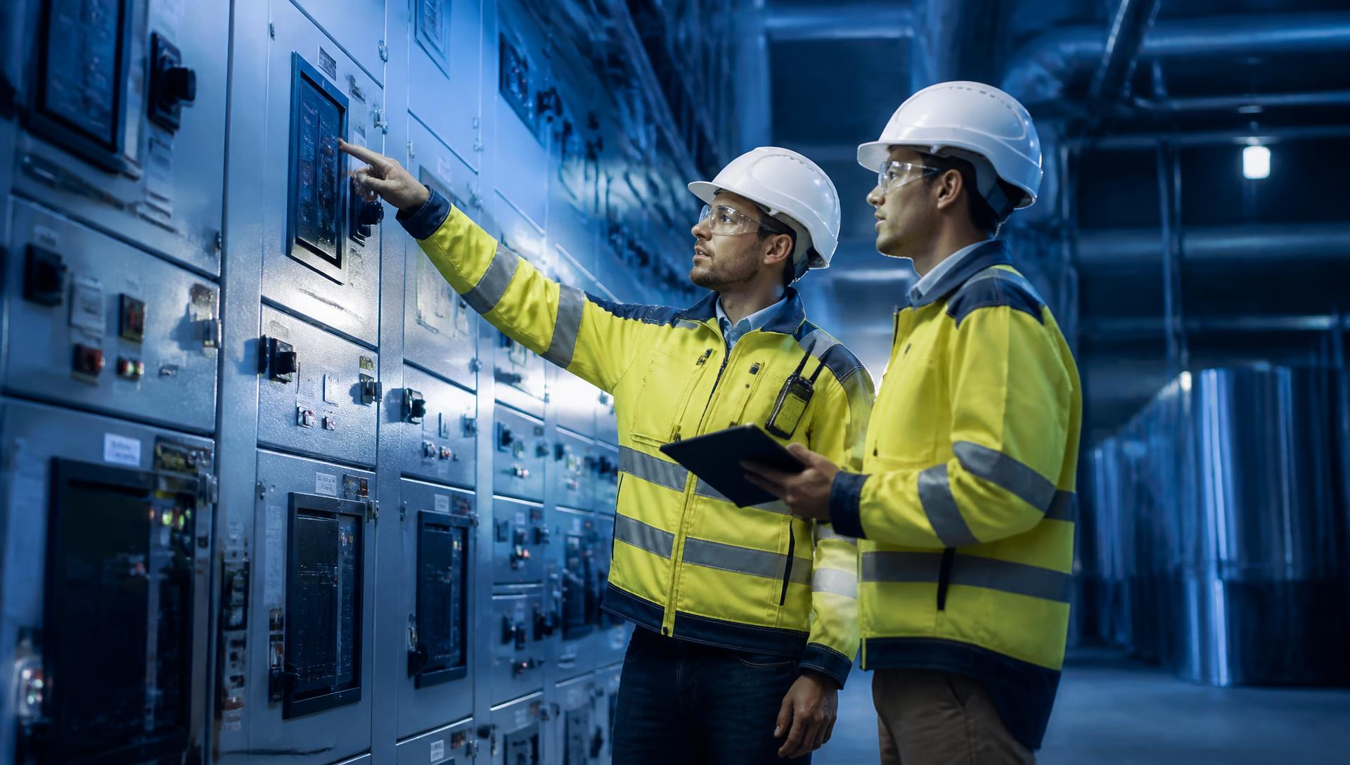 Engenheiros da BRG inspecionando painel elétrico industrial